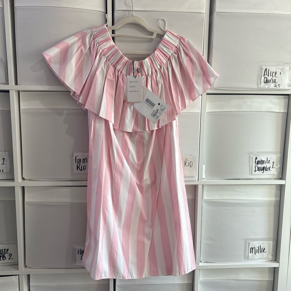 Maison Rabih Kayrouz LIGHT PINK striped off-shoulder dress $1946 - Picture 2 of 4